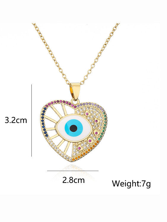 Brass Cubic Zirconia Enamel Eye of Evil Vintage Heart Pendant Necklace