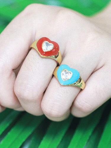 Brass Enamel Cubic Zirconia Heart Minimalist Band Ring