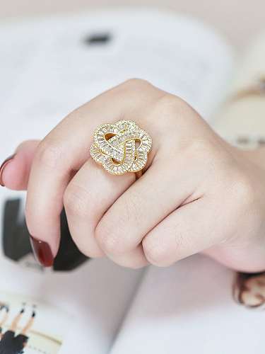 Brass Cubic Zirconia Flower Luxury Cocktail Ring