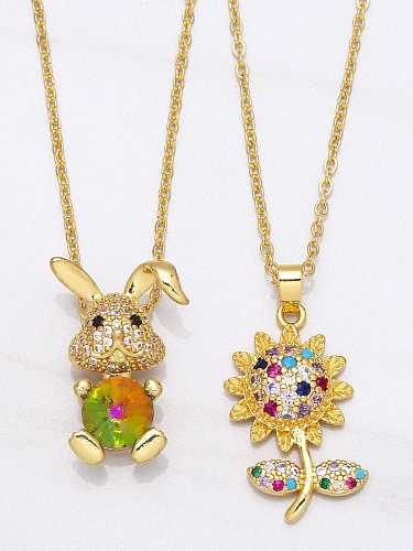 Brass Cubic Zirconia Rabbit Vintage Flower Pendant Necklace