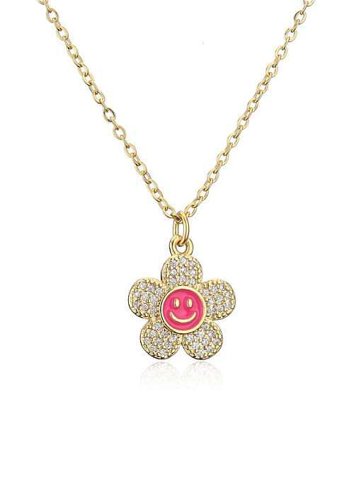 Brass Cubic Zirconia Enamel Smiley Trend Flower Pendant Necklace