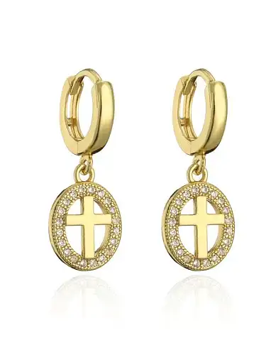 Brass Cubic Zirconia Cross Vintage Huggie Earring