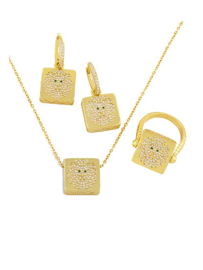 Brass Cubic Zirconia Vintage Square Earring Ring and Necklace Set