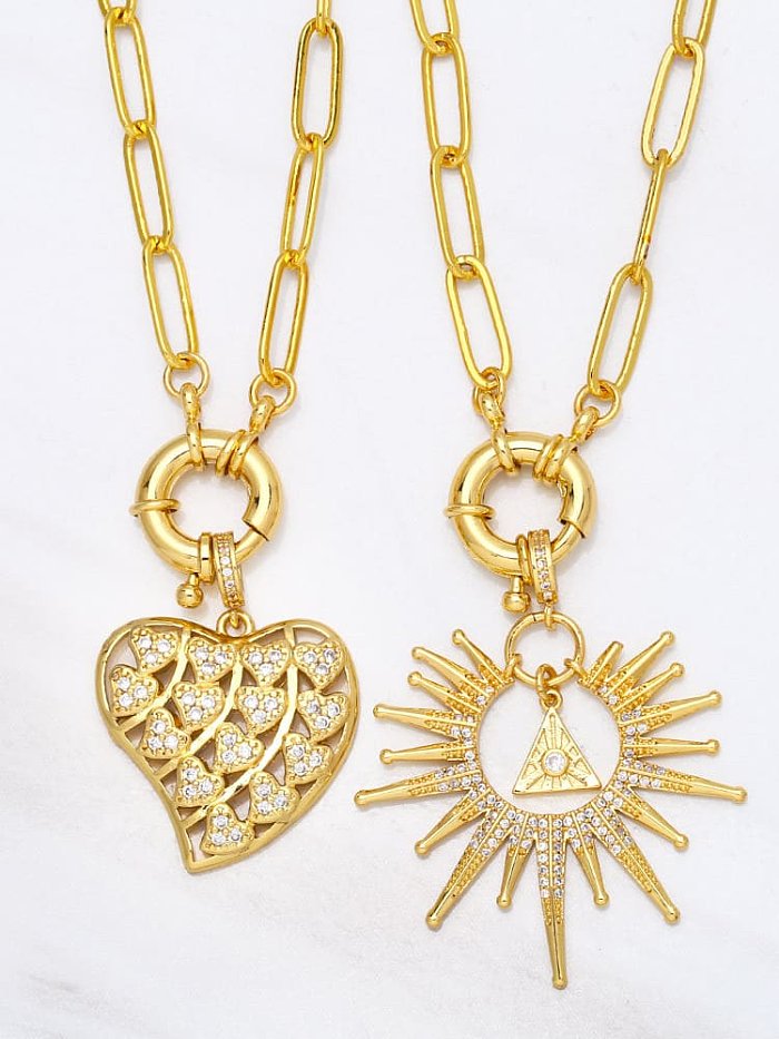 Brass Cubic Zirconia Heart Vintage Sun Pendant Necklace