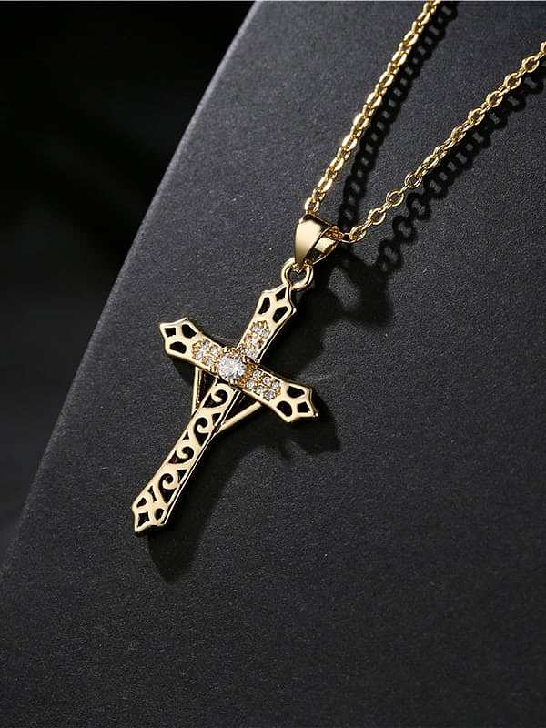 Brass Cubic Zirconia Cross Vintage Regligious Necklace