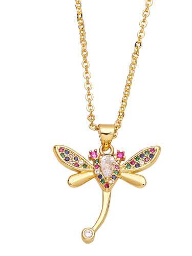 Brass Cubic Zirconia Vintage Dragonfly Pendant Necklace