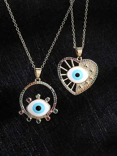 Brass Cubic Zirconia Enamel Eye of Evil Vintage Heart Pendant Necklace