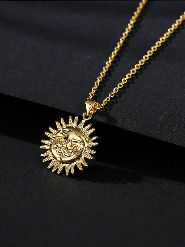 Brass Cubic Zirconia Irregular Vintage Sun Pendant Necklace