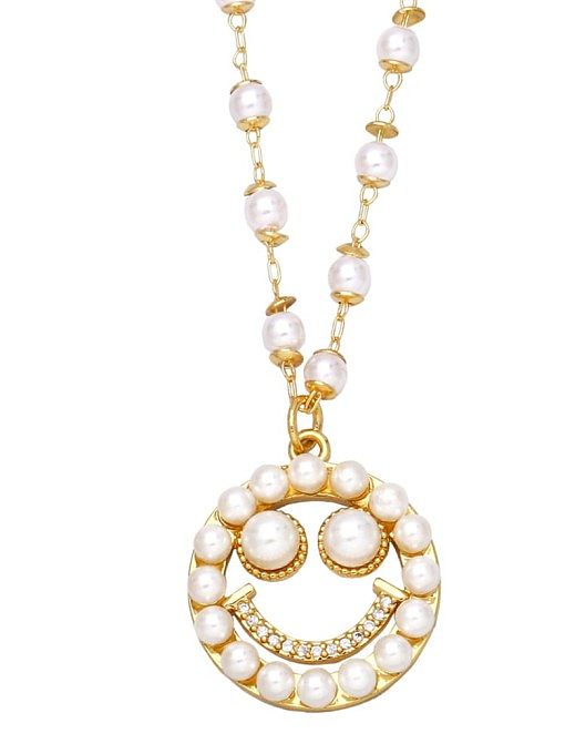 Brass Imitation Pearl Heart Vintage Smiley Pendnat Necklace