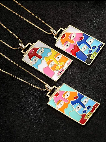 Brass Enamel Geometric Vintage Portrait Pendant Necklace