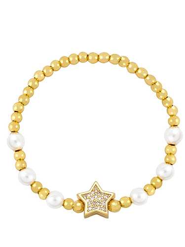 Bracelet perlé vintage en laiton avec zircon cubique et pentagramme