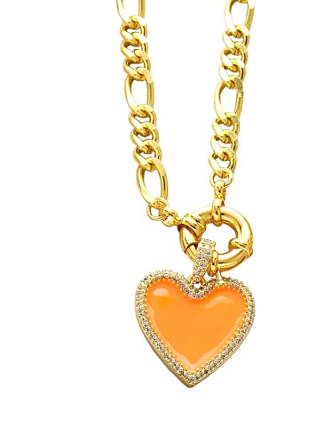 Brass Cubic Zirconia Enamel Heart Vintage Hollow Chain Necklace