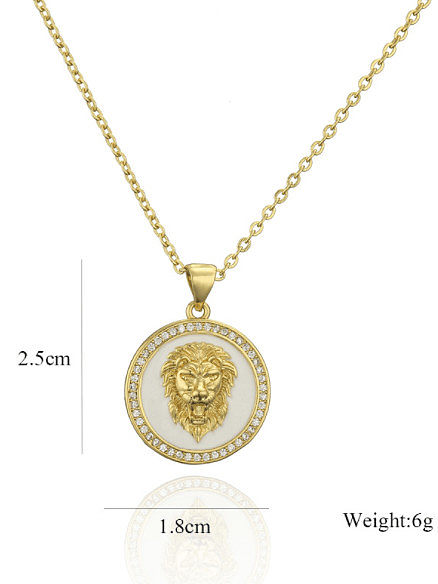 Brass Cubic Zirconia Lion Hand Vintage Enamel Round Pendant Necklace