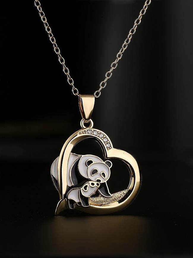 Brass Cubic Zirconia Enamel Heart Vintage panda Pendant Necklace