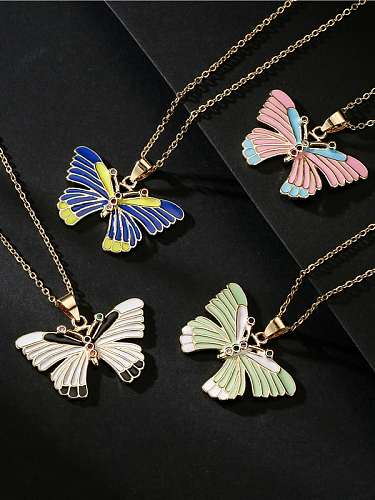 Brass Cubic Zirconia Enamel Trend Butterfly Pendant Necklace