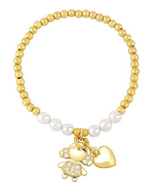 Bracelet perlé vintage en laiton avec zircon cubique et cœur
