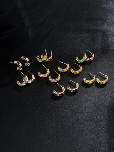 Brass Cubic Zirconia Enamel Geometric Vintage Stud Earring