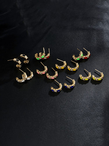 Brass Cubic Zirconia Enamel Geometric Vintage Stud Earring