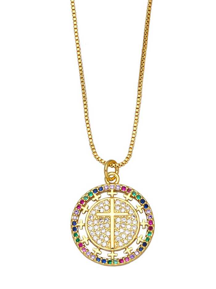 Brass Cubic Zirconia Cross Vintage Round Pendant Necklace