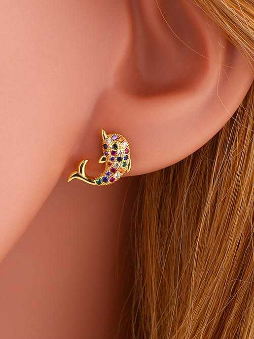 Brass Cubic Zirconia Dolphin Cute Stud Earring