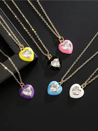 Brass Rhinestone Enamel Trend Heart Pendant Necklace