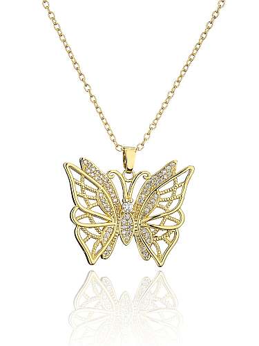 Brass Cubic Zirconia Vintage Hollow Butterfly Pendant Necklace