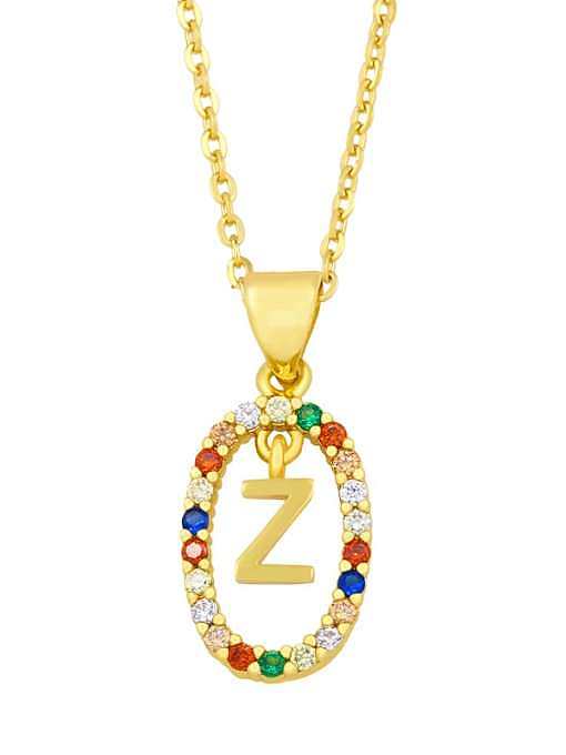 Brass Cubic Zirconia Letter Vintage Oval Pendant Necklace