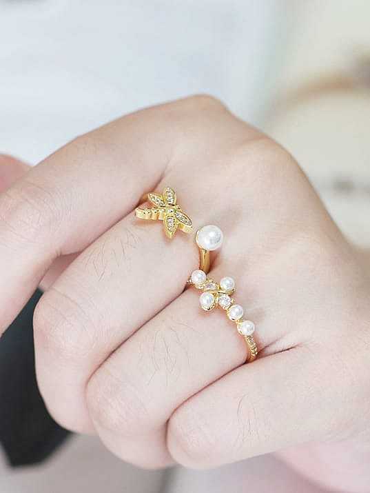 Brass Imitation Pearl Dragonfly Vintage Band Ring