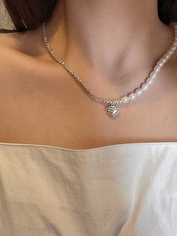 Conjunto de pulseira e colar delicado coração 925 prata esterlina pérola de água doce