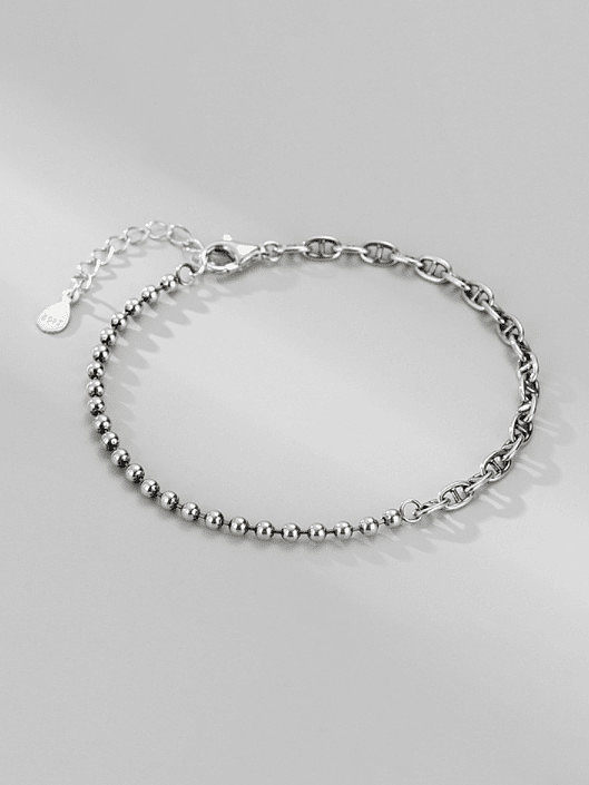925 Sterling Silver Asymmetric Hollow Geometric chain Vintage Beaded Bracelet