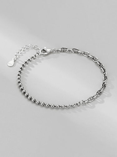 925 Sterling Silver Asymmetric Hollow Geometric chain Vintage Beaded Bracelet