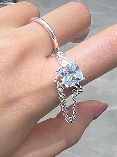 925 Sterling Silver Cubic Zirconia Square Vintage Chain Stackable Ring