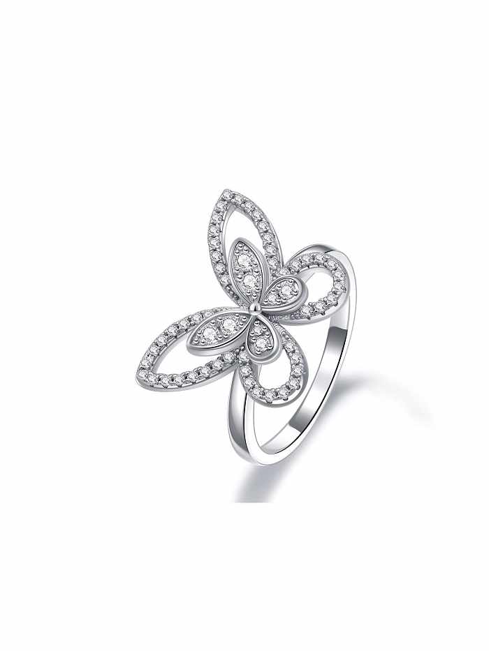 Anel delicado de prata esterlina 925 alto carbono diamante borboleta