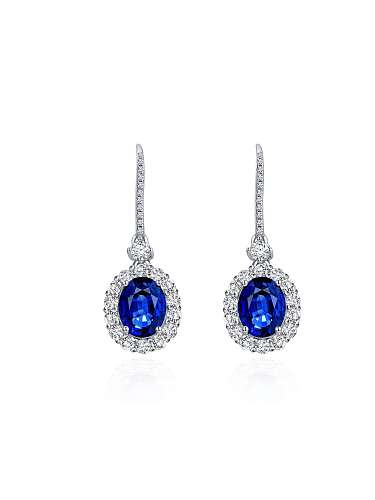 925er Sterlingsilber High Carbon Diamond Blue 2 Karat eiförmiger synthetischer Saphir Vintage Drop Earring