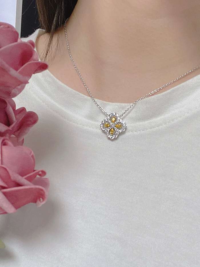 Colar delicado de flor de diamante de prata esterlina de alto carbono 925