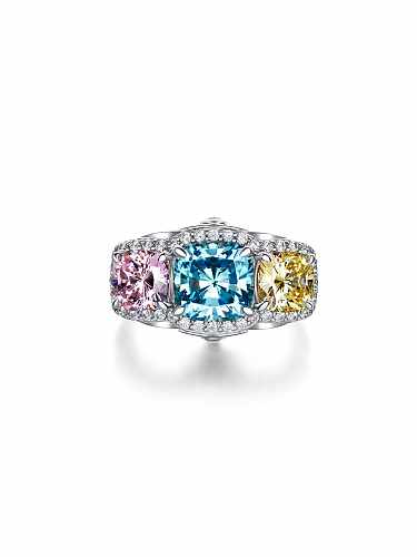 Geometrischer Luxusring aus 925er Sterlingsilber mit hohem Kohlenstoffgehalt und mehrfarbigem Diamant