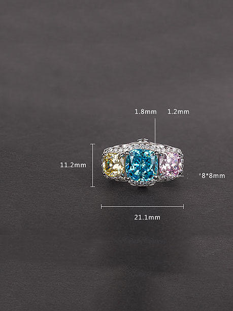 Bague de luxe géométrique multicolore en argent sterling 925 avec diamants à haute teneur en carbone