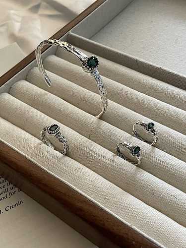 Conjunto de anel e pulseira de prata esterlina 925 geométrico vintage zircônia verde