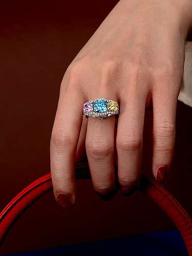 Anel de luxo geométrico multicolorido diamante prata esterlina 925 alto carbono