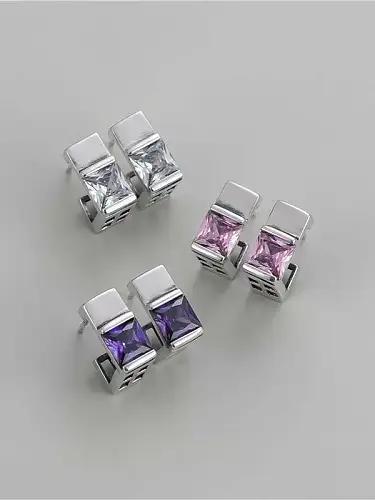 925 Sterling Silver Cubic Zirconia Square Minimalist Stud Earring