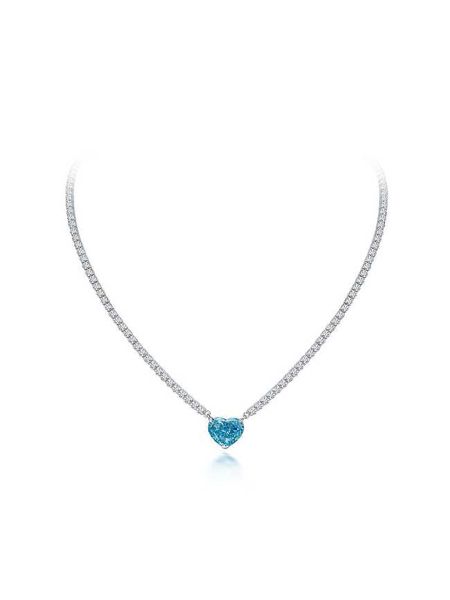 925 Sterling Silver High Carbon Diamond Blue Heart Luxury Choker Necklace