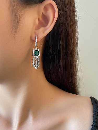 925 Sterling Silver High Carbon Diamond Green Tassel Luxury Drop Earring