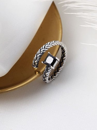 925 Sterling Silver Cubic Zirconia Black Geometric Vintage Spoon Ring