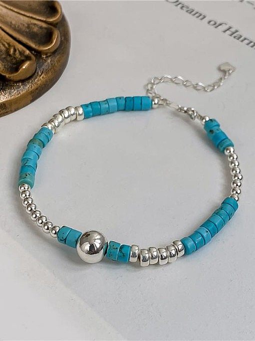Bracelet perlé fait main vintage turquoise en argent sterling 925