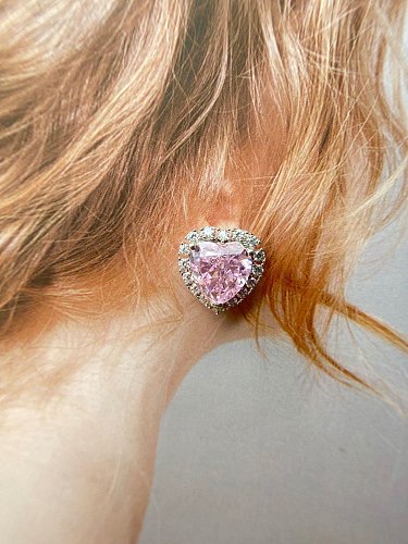 Brinco delicado de prata esterlina 925 alto carbono diamante rosa coração