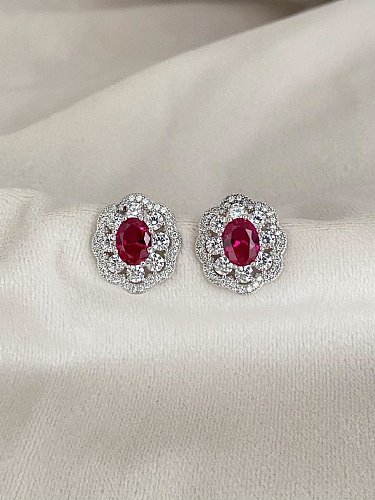 925 Sterling Silver High Carbon Diamond Red Flower Luxury Stud Earring