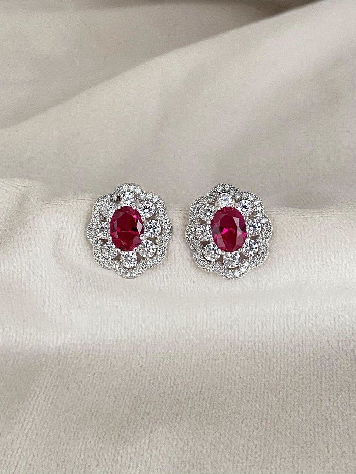 925 Sterling Silver High Carbon Diamond Red Flower Luxury Stud Earring