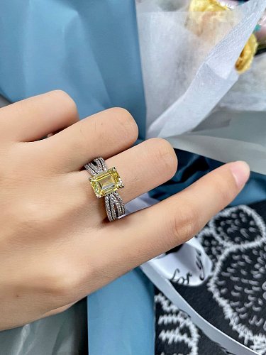 925 Sterling Silver High Carbon Diamond Yellow Geometric Luxury Ring