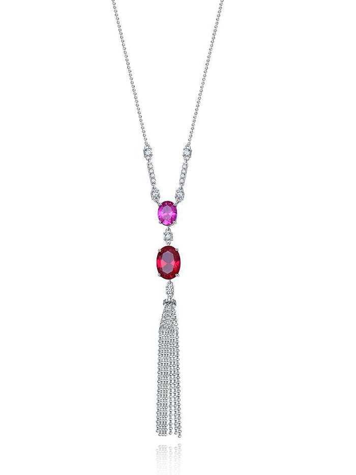 Luxus-Lariat-Halskette aus 925er Sterlingsilber mit hohem Karbon-Diamant und roter Quaste