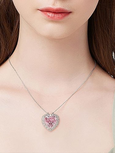 Colgante de lujo con corazón rosa de diamante de alto carbono de plata de ley 925